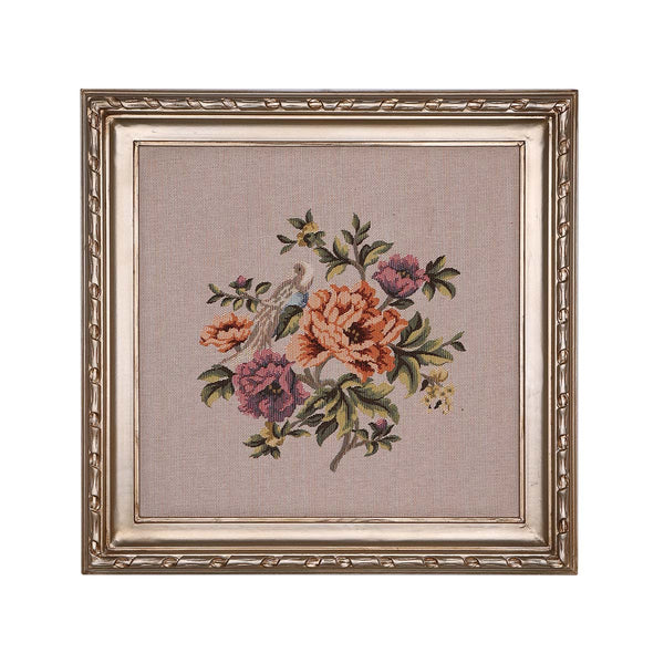 Framed floral tapestry on a beige background