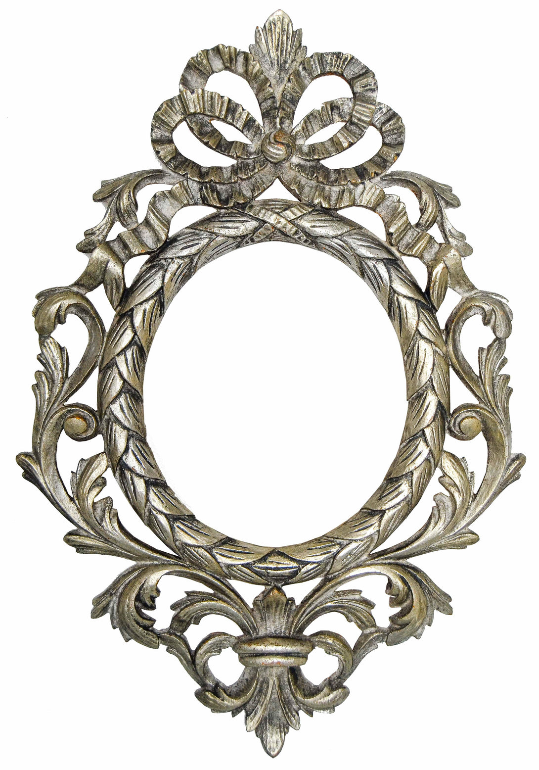 Front view  with white background of the Vintage Elegance Picture Frame with French Bow, showcasing its antique silver finish