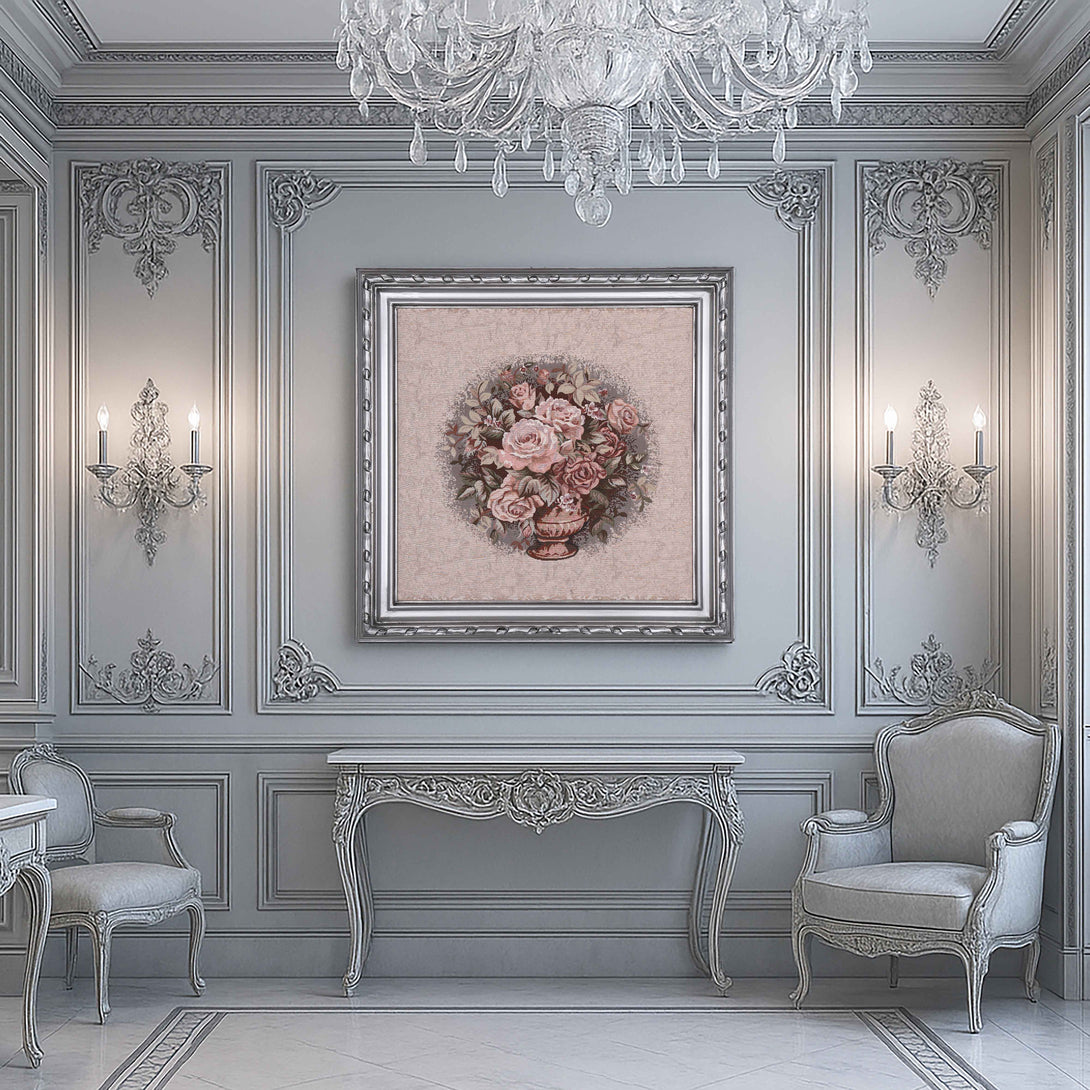 Vintage Rose Bouquet tapestry with silver frame